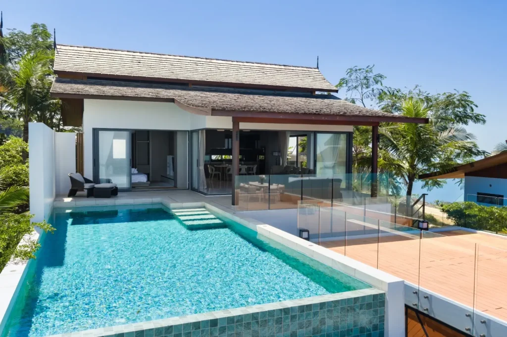 Brand-new 3-bedroom modern thai style sea view villa with infinity pool in Bang Por